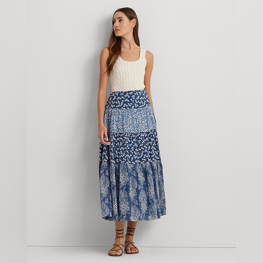 Ralph Lauren Patchwork Floral Voile Tiered Blue white Maxi Skirt Size 8 Rare✨